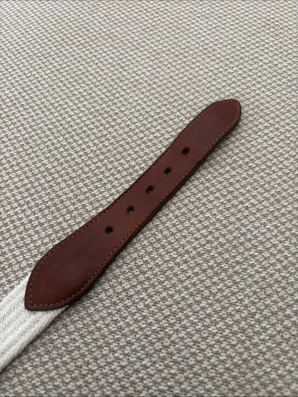Eddie Bauer White Elastic Belt w/ Brown Leather Trim Solid Brass Buckle Boys Med
